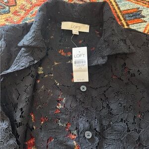 LOFT Charcoal Floral Lace Blouse